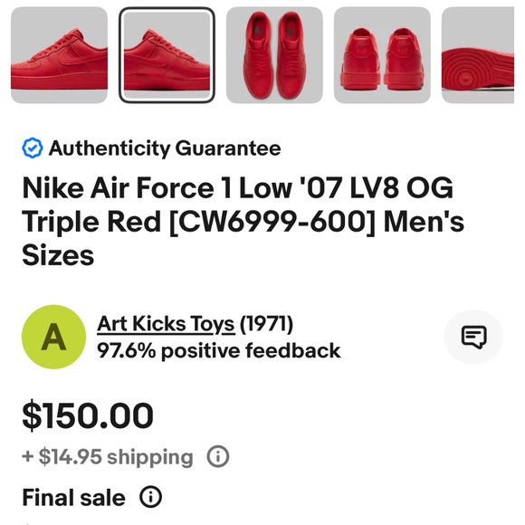 AIR FORCE 1 triple red 07 LV8 OG - Picture 6 of 6